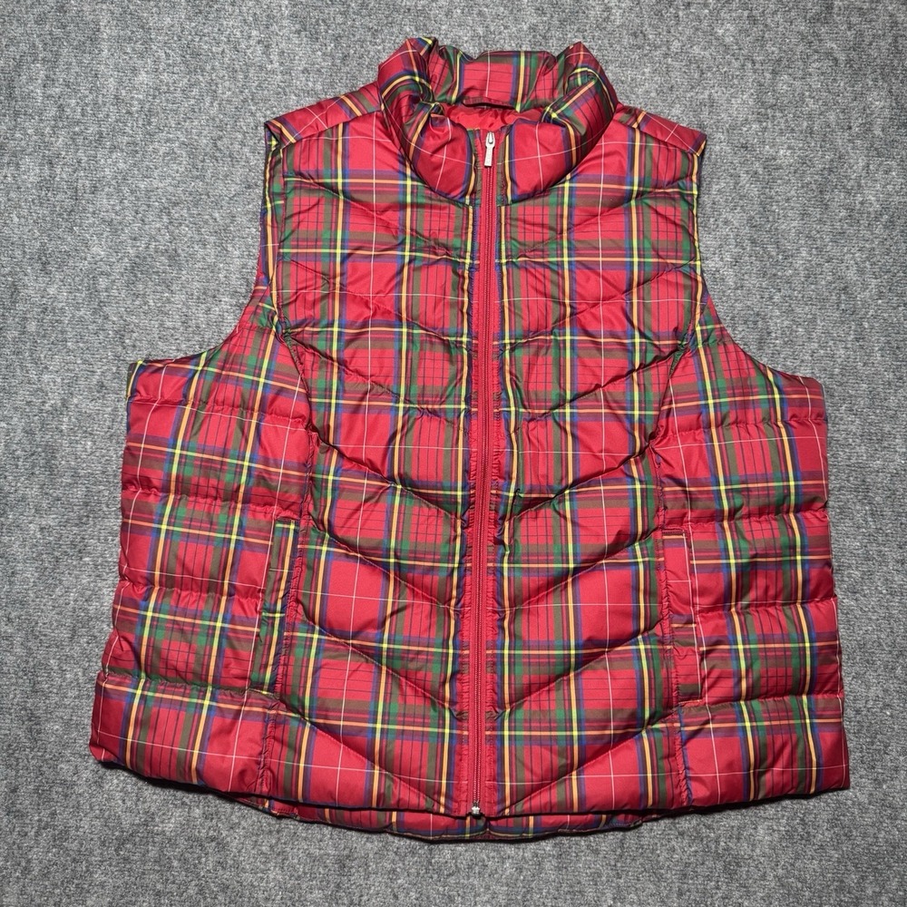 Lands' End Puffer Vest Down Red Green Plaid Women Plus Size 2X Feathers